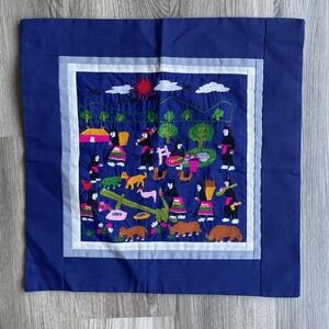 Vintage Hmong Hand Embroidered Story Cloth Cushion Cover 16" x 16" Blue Farm